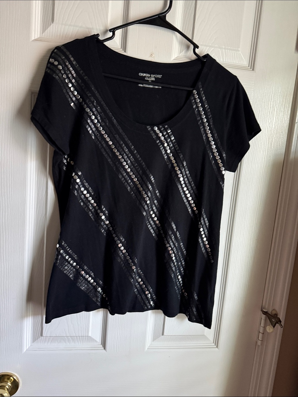 Chaus Sport Black Sequin Stripe Short Sleeve Tee